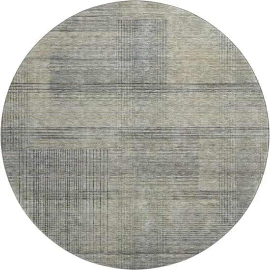 8' Khaki And Gray Striped Washable Round Rug With UV Protection Photo 1