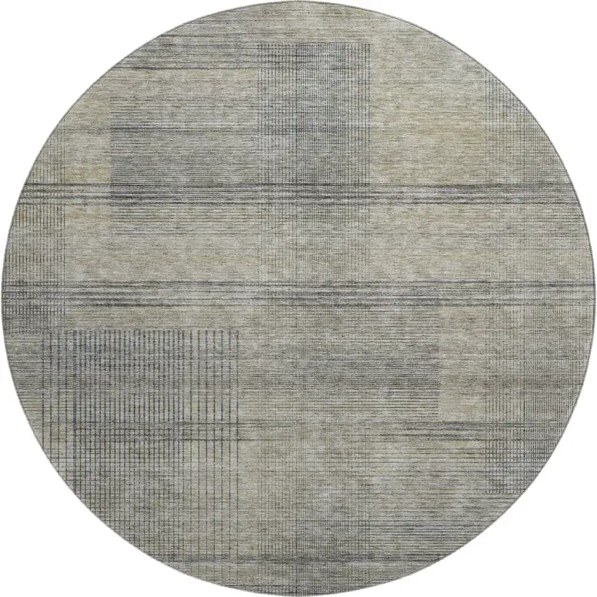 8' Khaki And Gray Striped Washable Round Rug With UV Protection Photo 1