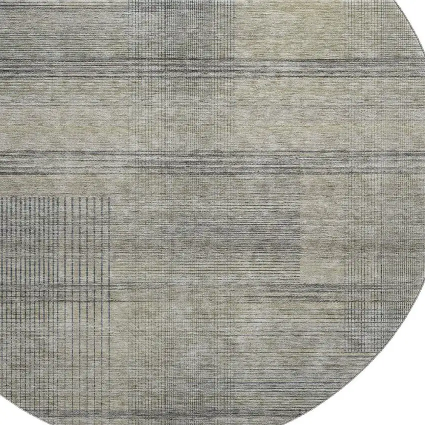 8' Khaki And Gray Striped Washable Round Rug With UV Protection Photo 3