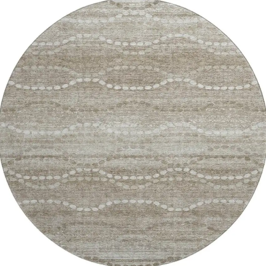 8' Khaki And Ivory Abstract Geometric Washable Round Rug With UV Protection Photo 4