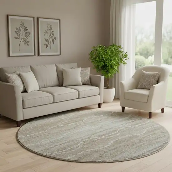 8' Khaki And Ivory Abstract Geometric Washable Round Rug With UV Protection Photo 2