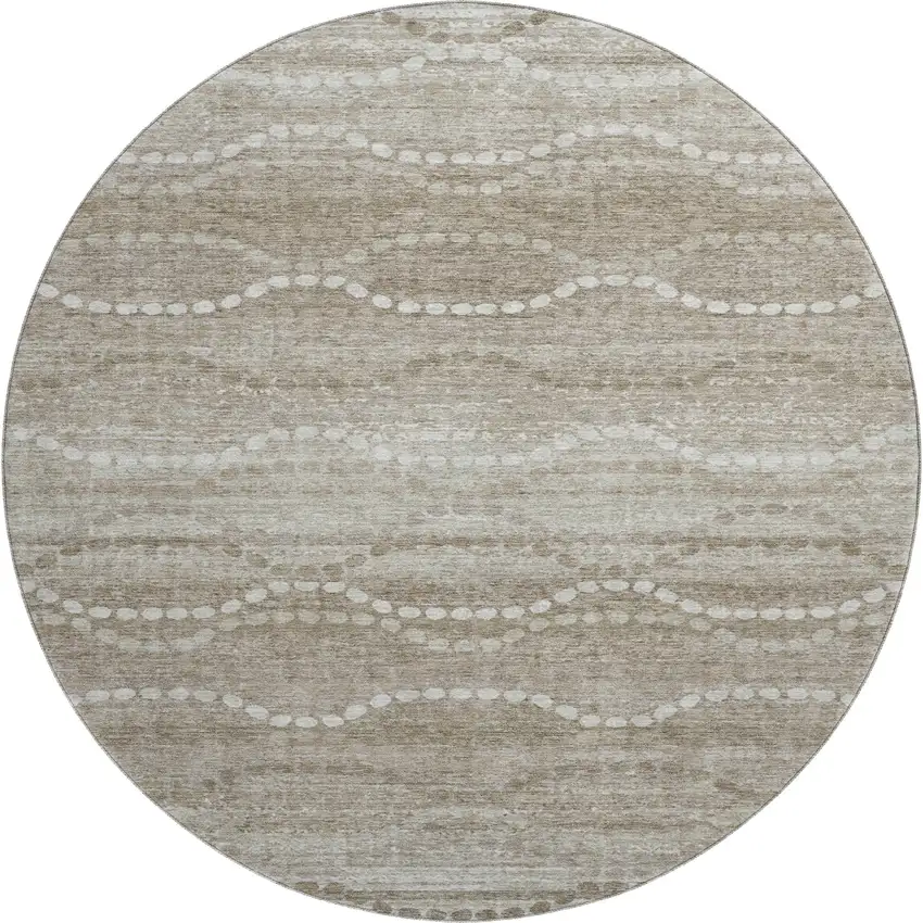 8' Khaki And Ivory Abstract Geometric Washable Round Rug With UV Protection Photo 1