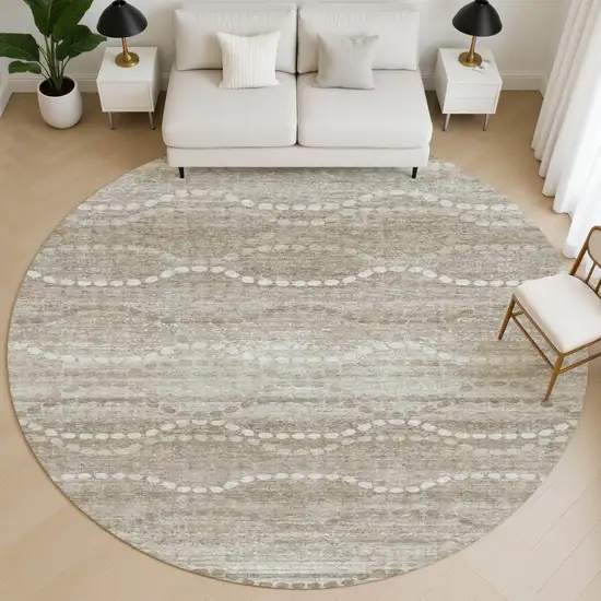 8' Khaki And Ivory Abstract Geometric Washable Round Rug With UV Protection Photo 5