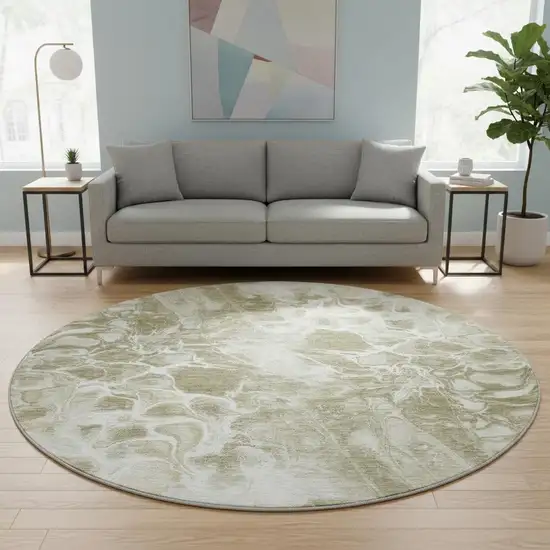 8' Khaki And Ivory Abstract Washable Round Rug With UV Protection Photo 2