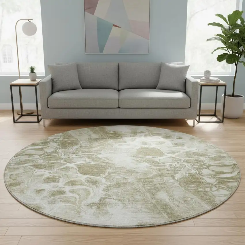 8' Khaki And Ivory Abstract Washable Round Rug With UV Protection Photo 2