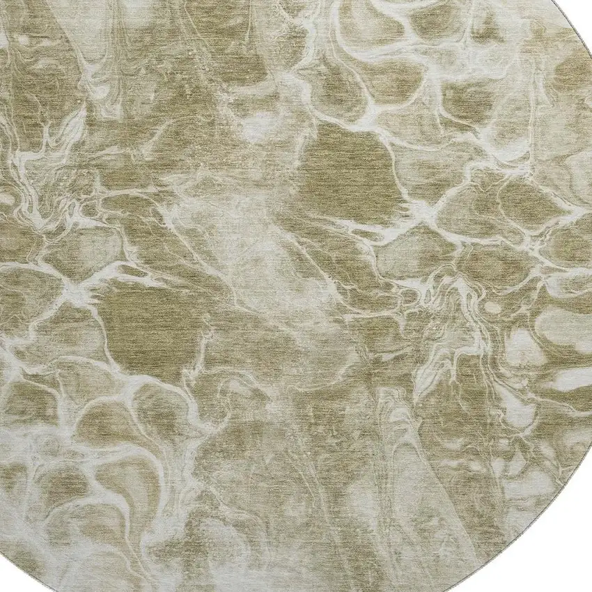 8' Khaki And Ivory Abstract Washable Round Rug With UV Protection Photo 3