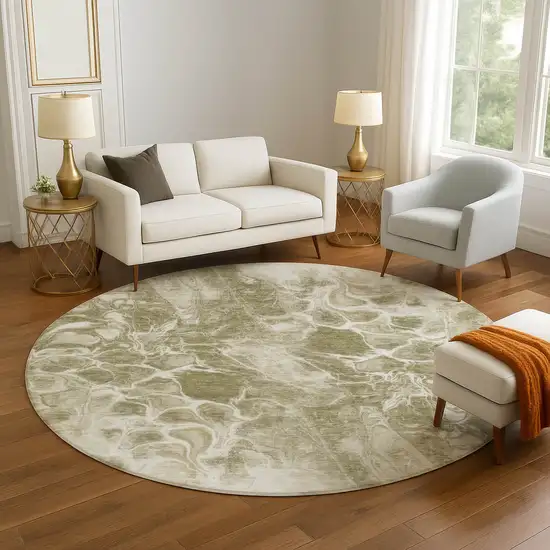 8' Khaki And Ivory Abstract Washable Round Rug With UV Protection Photo 5