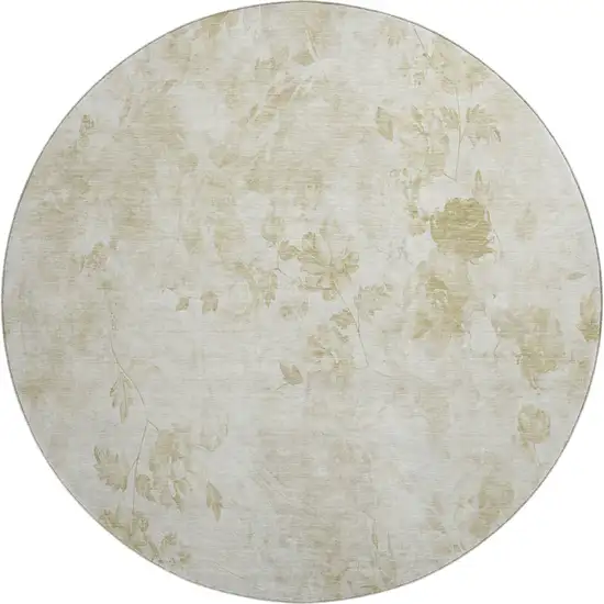 8' Khaki And Ivory Floral Washable Round Rug With UV Protection Photo 1