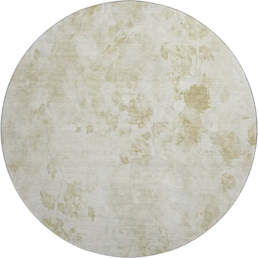 8' Khaki And Ivory Floral Washable Round Rug With UV Protection Photo 1
