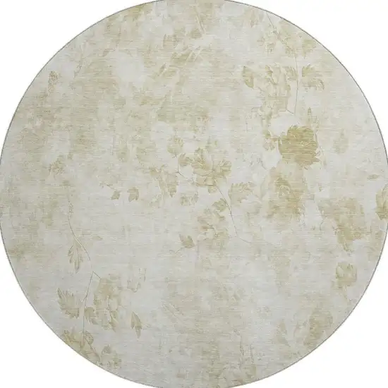 8' Khaki And Ivory Floral Washable Round Rug With UV Protection Photo 3