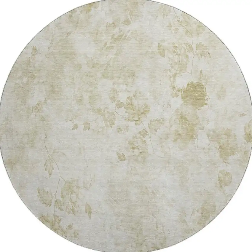 8' Khaki And Ivory Floral Washable Round Rug With UV Protection Photo 3