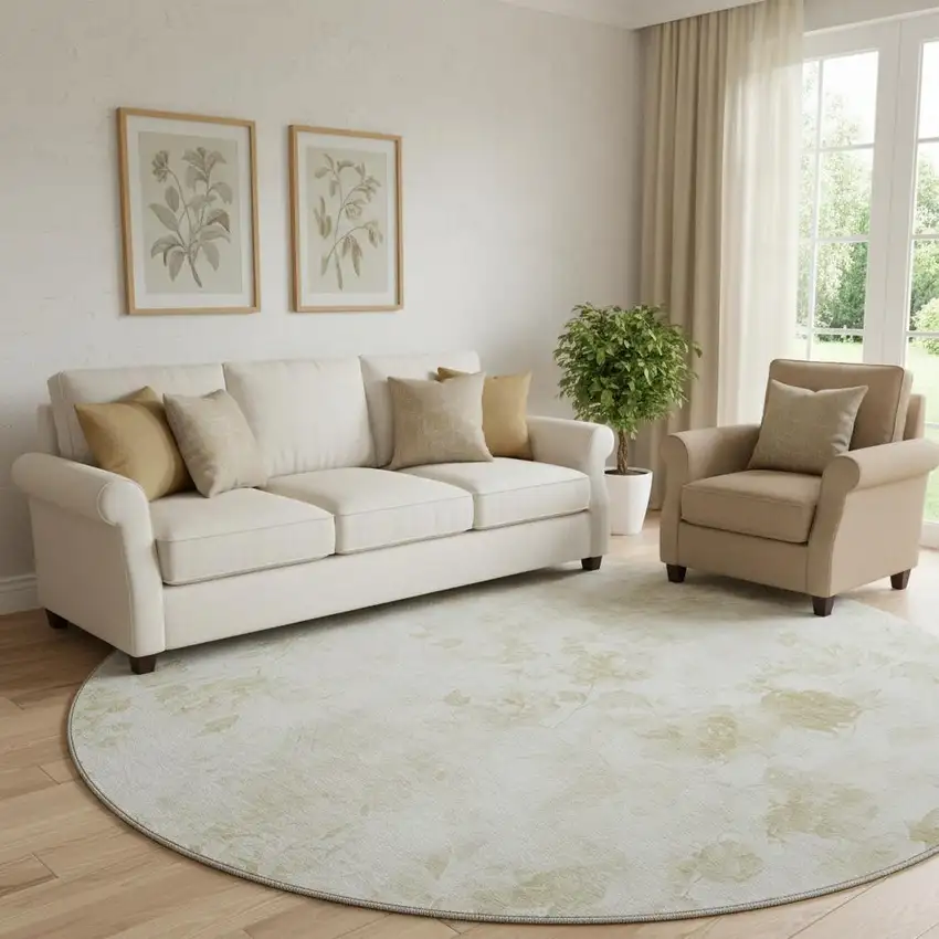 8' Khaki And Ivory Floral Washable Round Rug With UV Protection Photo 1