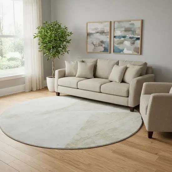 8' Khaki And Ivory Geometric Washable Round Rug With UV Protection Photo 2