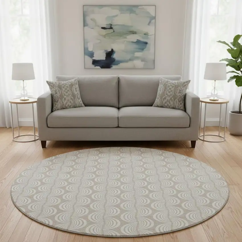8' Khaki And Ivory Ogee Washable Round Rug With UV Protection Photo 2
