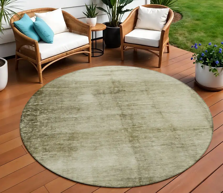 8' Khaki And Ivory Round Abstract Washable Indoor Outdoor Area Rug Photo 2