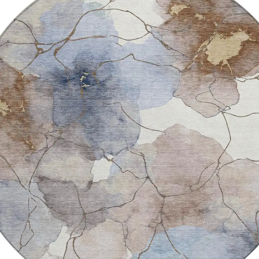 8' Khaki And Ivory Round Abstract Washable Indoor Outdoor Area Rug Photo 2