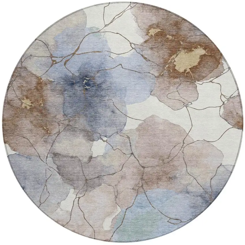 8' Khaki And Ivory Round Abstract Washable Indoor Outdoor Area Rug Photo 3