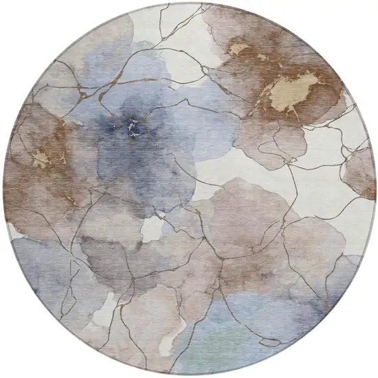 8' Khaki And Ivory Round Abstract Washable Indoor Outdoor Area Rug Photo 1
