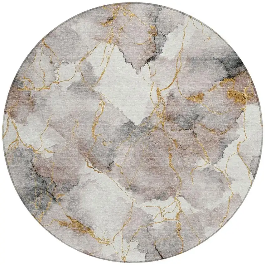8' Khaki And Ivory Round Abstract Washable Indoor Outdoor Area Rug Photo 3