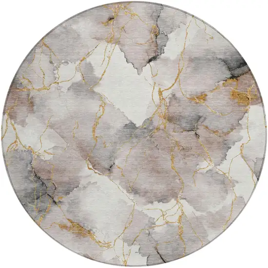 8' Khaki And Ivory Round Abstract Washable Indoor Outdoor Area Rug Photo 1