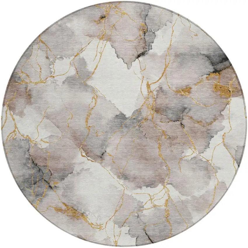 8' Khaki And Ivory Round Abstract Washable Indoor Outdoor Area Rug Photo 1