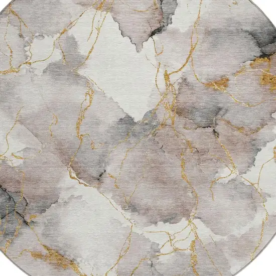 8' Khaki And Ivory Round Abstract Washable Indoor Outdoor Area Rug Photo 2
