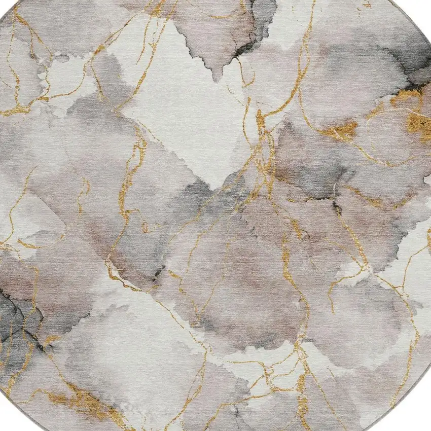 8' Khaki And Ivory Round Abstract Washable Indoor Outdoor Area Rug Photo 2