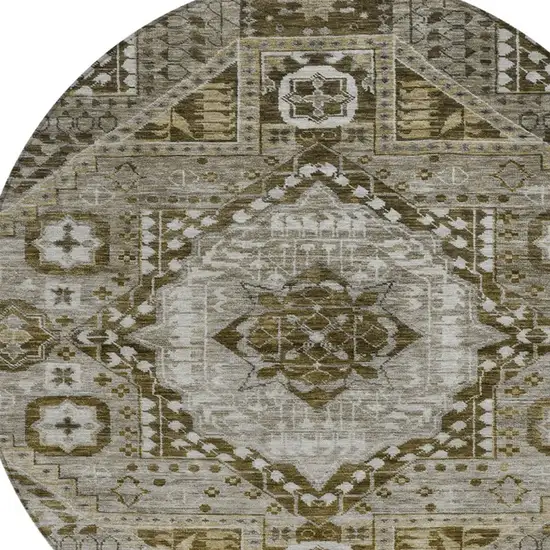 8' Khaki And Ivory Round Geometric Washable Indoor Outdoor Area Rug Photo 9
