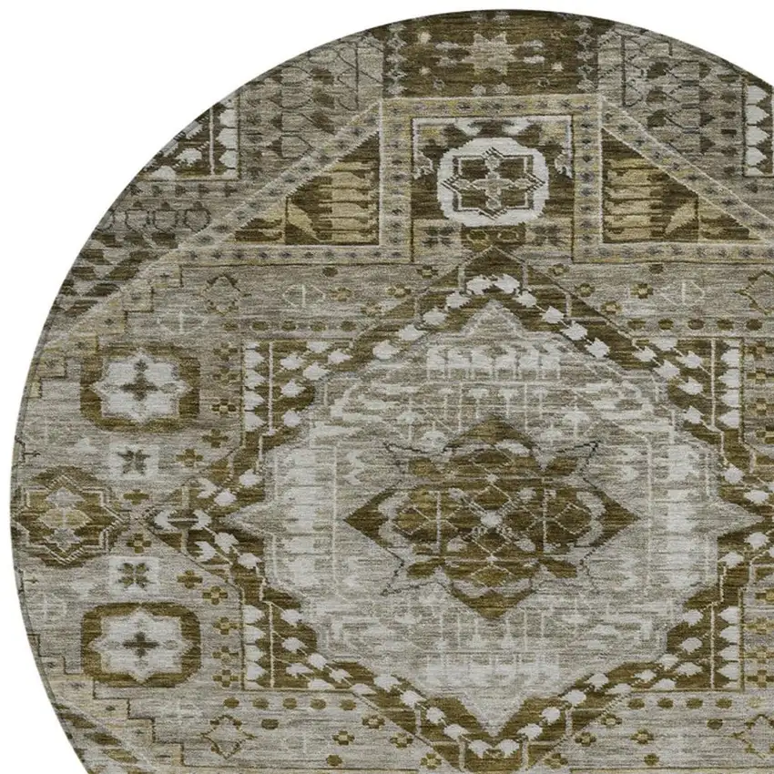 8' Khaki And Ivory Round Geometric Washable Indoor Outdoor Area Rug Photo 4