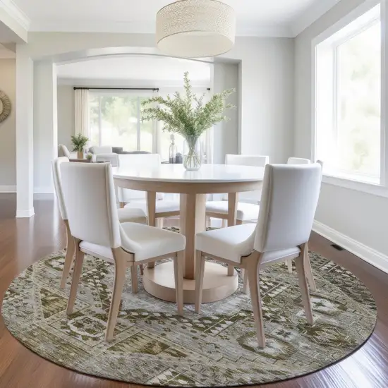 8' Khaki And Ivory Round Geometric Washable Indoor Outdoor Area Rug Photo 7