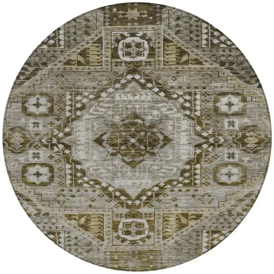 8' Khaki And Ivory Round Geometric Washable Indoor Outdoor Area Rug Photo 3