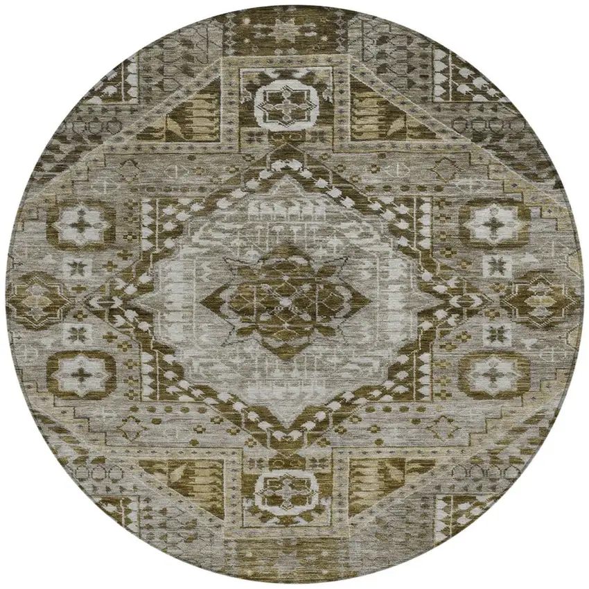 8' Khaki And Ivory Round Geometric Washable Indoor Outdoor Area Rug Photo 3