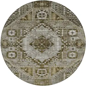 Photo of 8' Khaki And Ivory Round Geometric Washable Indoor Outdoor Area Rug