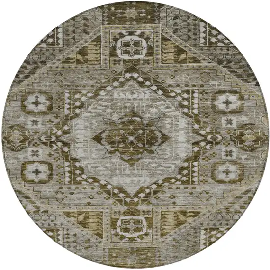8' Khaki And Ivory Round Geometric Washable Indoor Outdoor Area Rug Photo 1