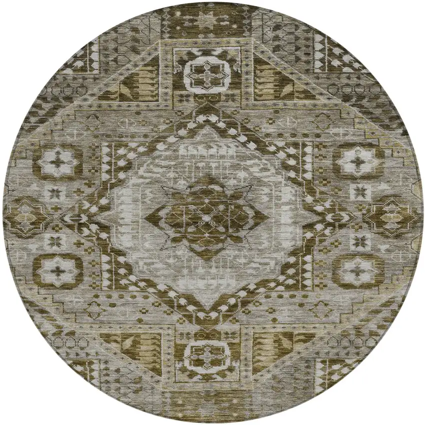 8' Khaki And Ivory Round Geometric Washable Indoor Outdoor Area Rug Photo 1