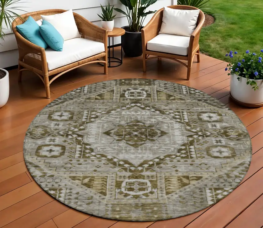 8' Khaki And Ivory Round Geometric Washable Indoor Outdoor Area Rug Photo 2