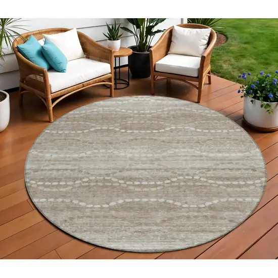 8' Khaki And Ivory Round Ogee Washable Indoor Outdoor Area Rug Photo 2