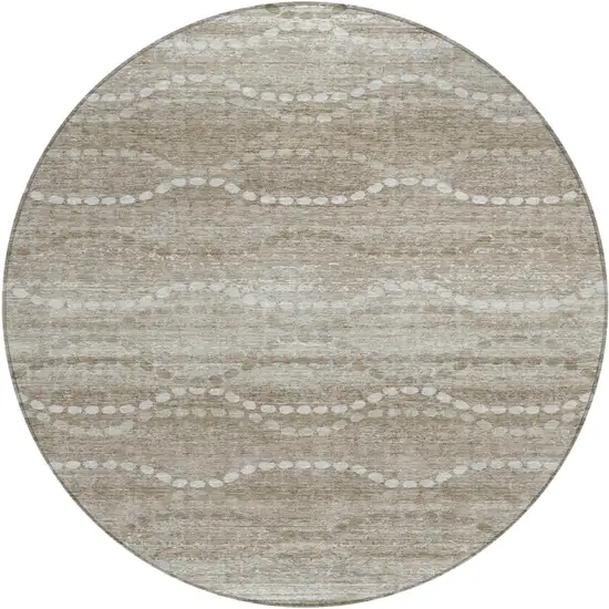 8' Khaki And Ivory Round Ogee Washable Indoor Outdoor Area Rug Photo 1