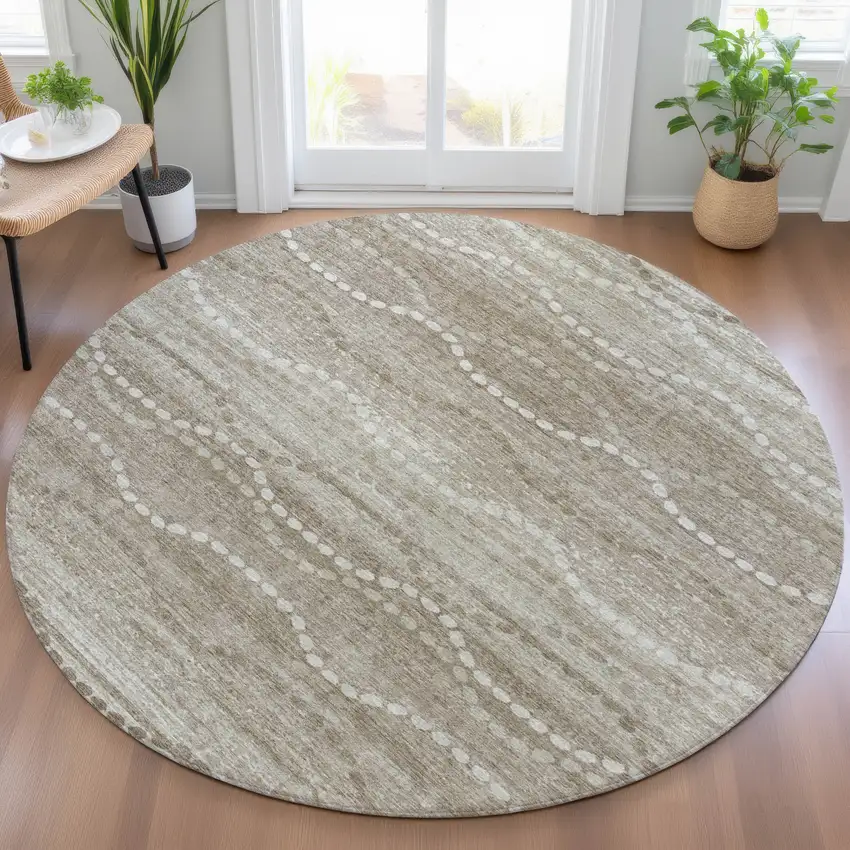 8' Khaki And Ivory Round Ogee Washable Indoor Outdoor Area Rug Photo 6