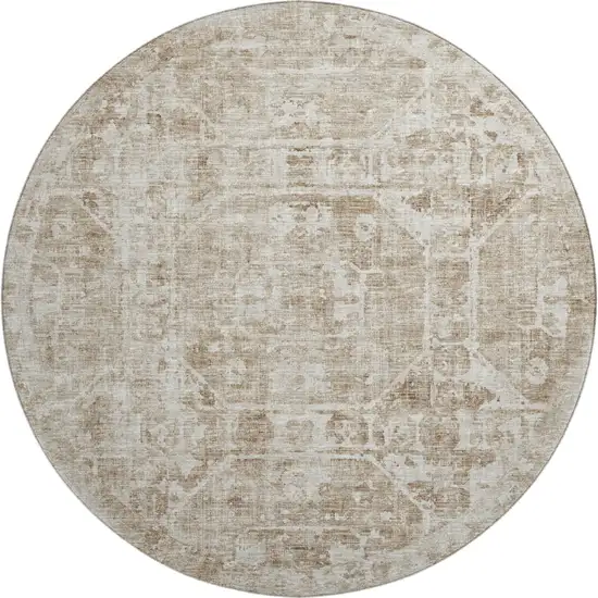8' Khaki And Ivory Round Tribal Washable Indoor Outdoor Area Rug Photo 2