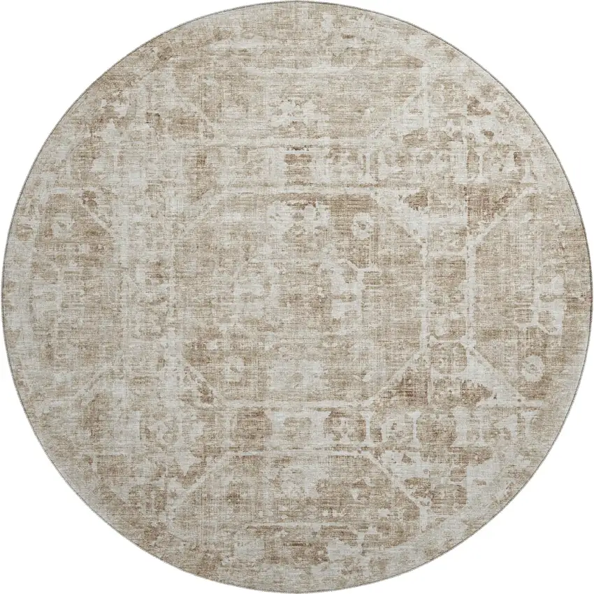 8' Khaki And Ivory Round Tribal Washable Indoor Outdoor Area Rug Photo 2