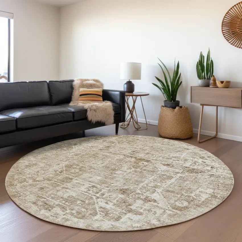 8' Khaki And Ivory Round Tribal Washable Indoor Outdoor Area Rug Photo 7