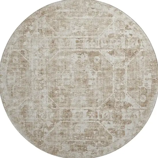 8' Khaki And Ivory Round Tribal Washable Indoor Outdoor Area Rug Photo 5