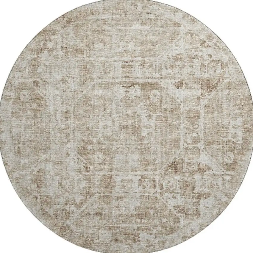 8' Khaki And Ivory Round Tribal Washable Indoor Outdoor Area Rug Photo 5