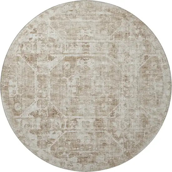 8' Khaki And Ivory Round Tribal Washable Indoor Outdoor Area Rug Photo 4