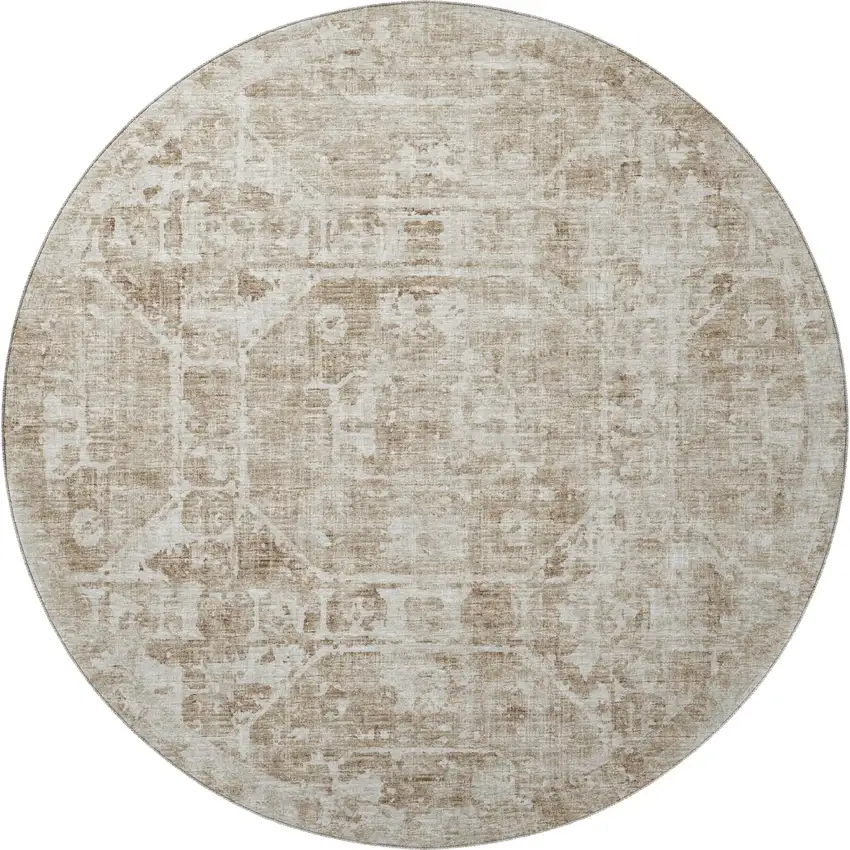 8' Khaki And Ivory Round Tribal Washable Indoor Outdoor Area Rug Photo 4