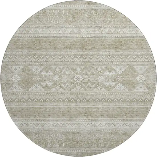 8' Khaki And Ivory Southwestern Washable Round Rug With UV Protection Photo 1