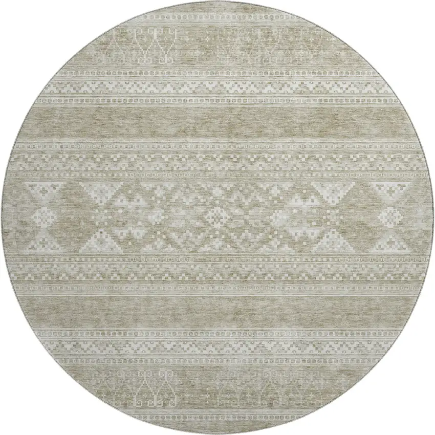 8' Khaki And Ivory Southwestern Washable Round Rug With UV Protection Photo 1