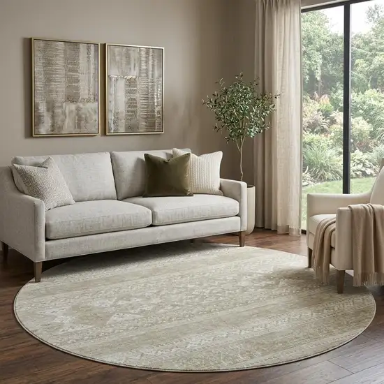 8' Khaki And Ivory Southwestern Washable Round Rug With UV Protection Photo 1