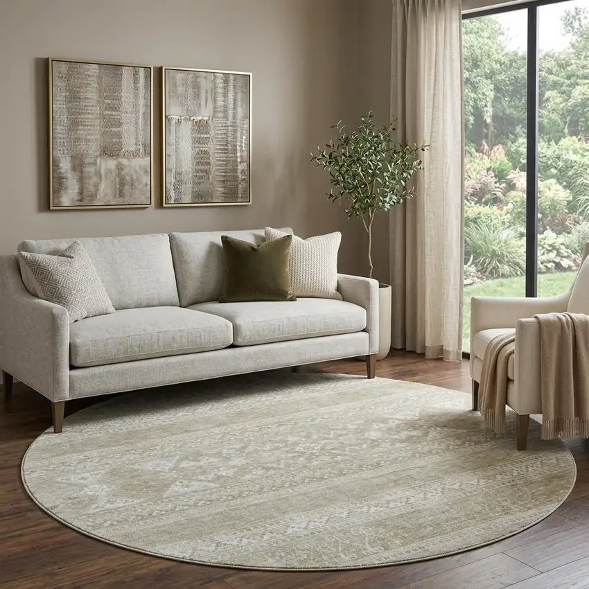 8' Khaki And Ivory Southwestern Washable Round Rug With UV Protection Photo 1